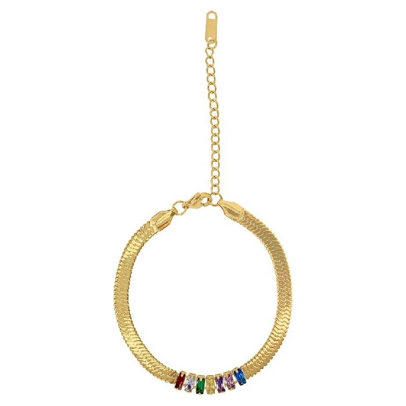 Astro charm bangles-Tarnish Resistant 14k Gold Plated Herringbone Chain Bracelet with Multicolor Crystal