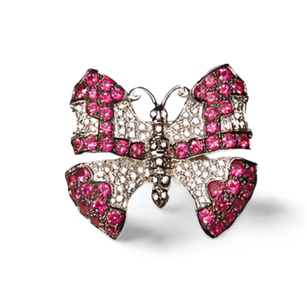 Braided motif brooch-Gorgeous Estate 18K White Gold Ruby Pave Diamond Butterfly Brooch Pin