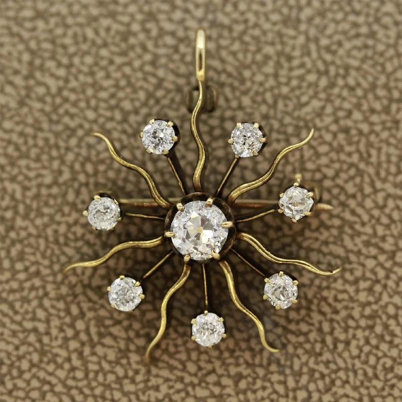 Flow style brooch-Victorian Diamond Gold Sunburst Pin Brooch