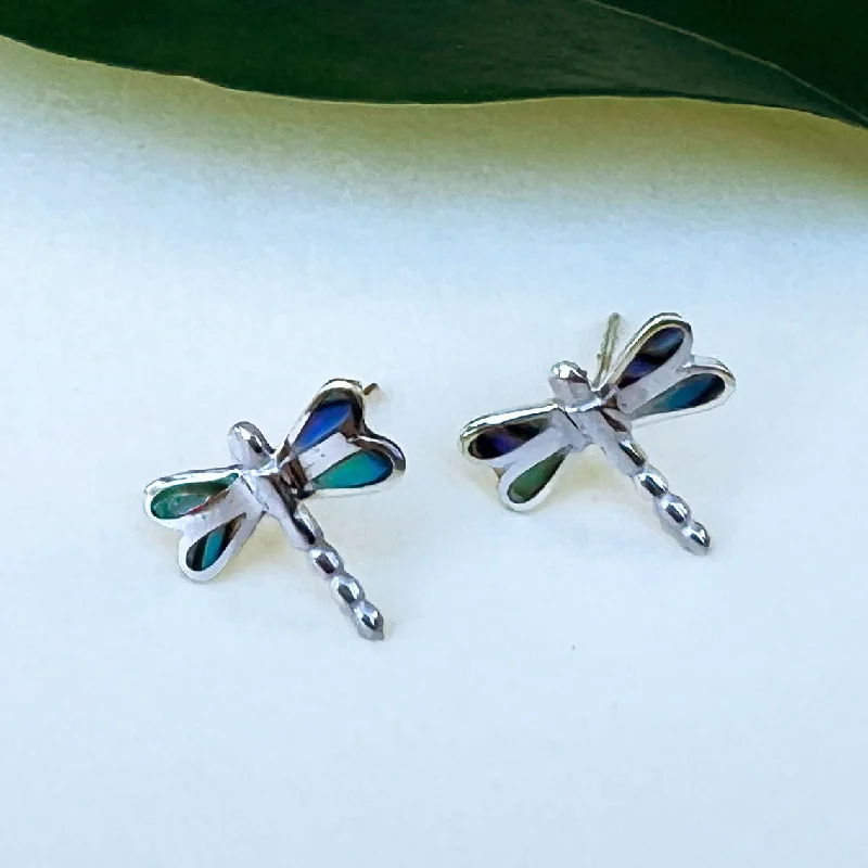 Polished gem earrings-Abalone Dragonfly Studs - Sterling Silver, Indonesia