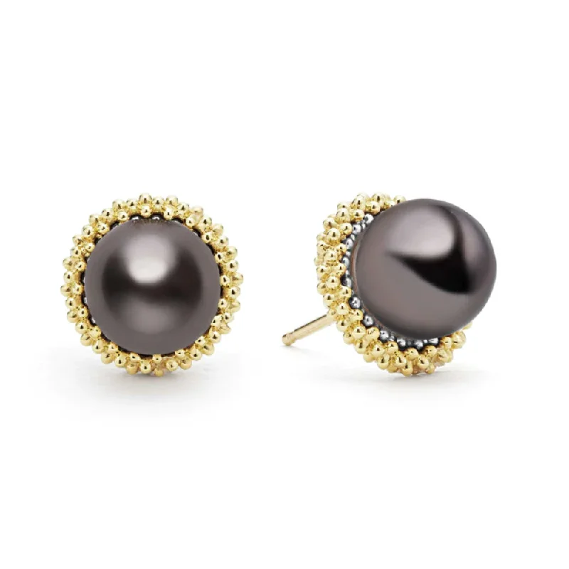 Silk cord earrings-Lagos Luna 18k Gold Tahitian Black Pearl Stud Earrings