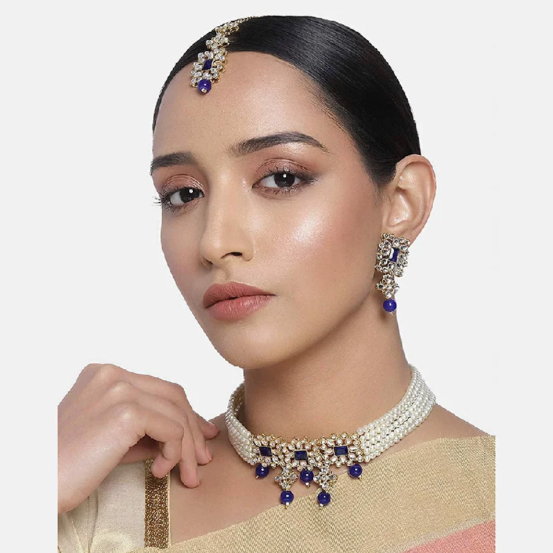 Solid pearl necklaces-Etnico 18K Gold Plated Beaded Choker Set Studded with Pearl & Kundan with Earrings & Maang Tikka for Women (ML224Bl)