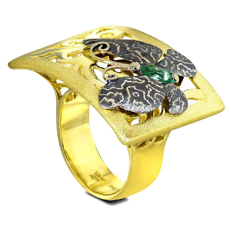 Oval charm rings-Gold Butterfly Ring with Tourmaline