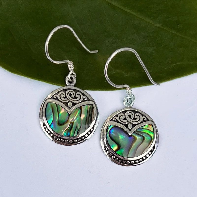 Glossy silver earrings-Abalone Filigree Earrings - Sterling Silver, Indonesia