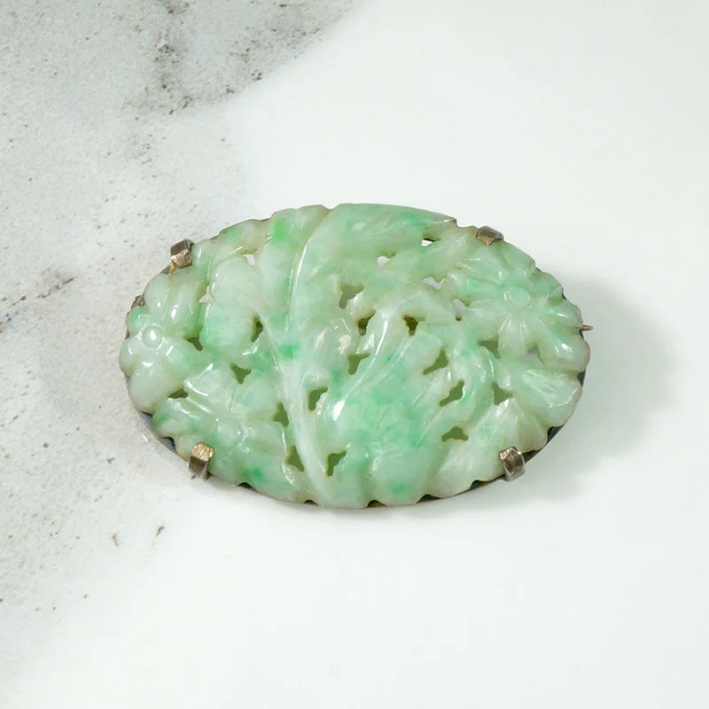 Moon motif brooch-Carved Jade in Silver Floral Brooch