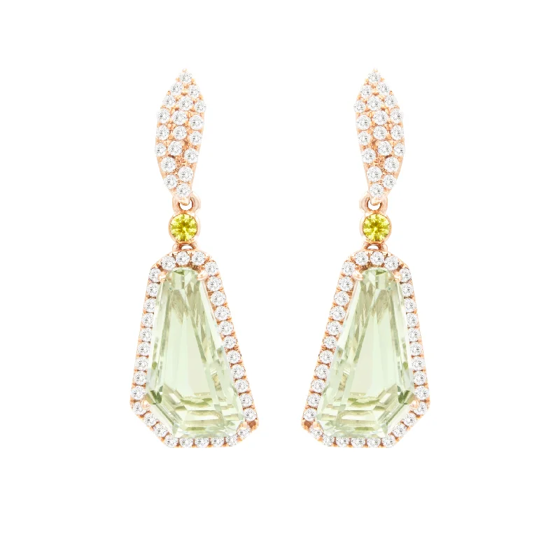 Pure crystal earrings-Bellari 14k Rose Gold Diamond and Prasiolite Drop Earrings