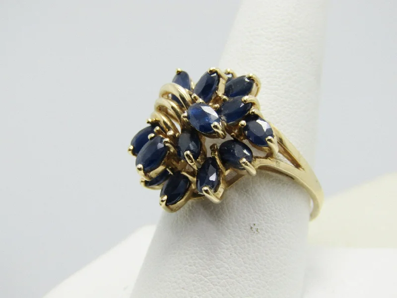 Tiny pearl rings-10kt Blue Spinel Cluster Ring, Tiered, Art Deco Design, Size 10, 3.5 TCW+, Yellow Gold, Signed EL