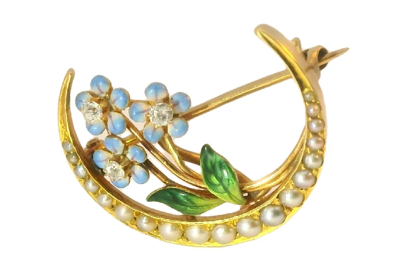 Cord edge brooch-Victorian Estate 14K Yellow Gold Moon Seed Pearl Enamel Diamond Brooch Pin