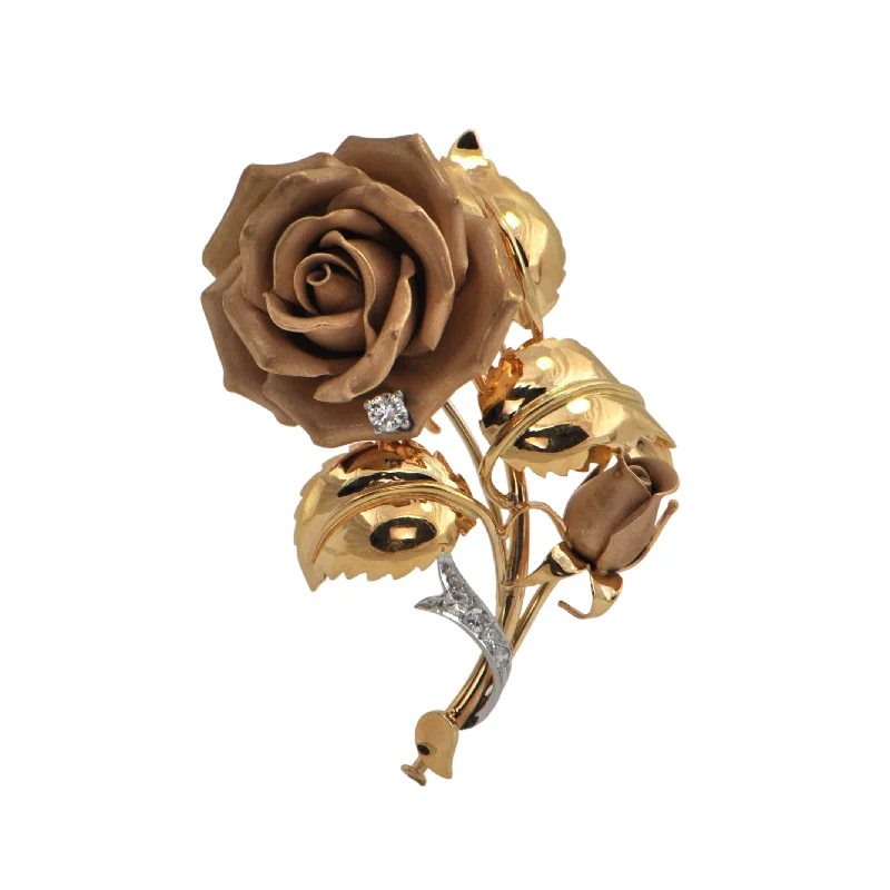 Glossy enamel brooch-Mid-Century 18K Gold Diamond Rose Brooch