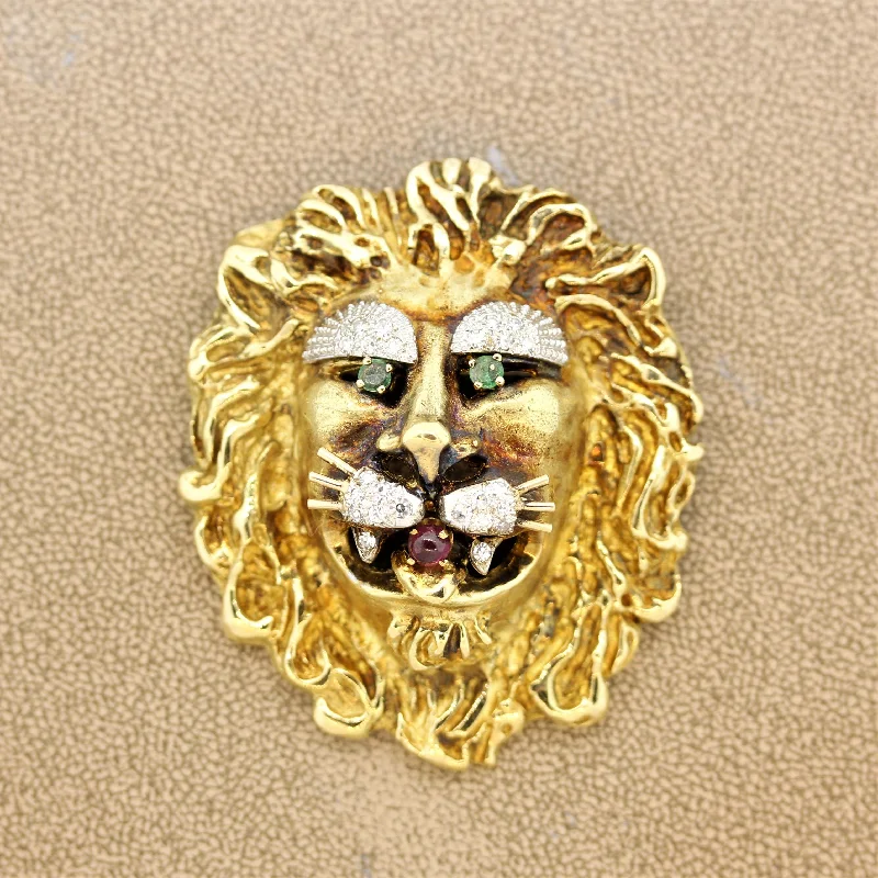 Heavy gem brooch-Hammerman Brothers Diamond Ruby Emerald Gold Lion Brooch