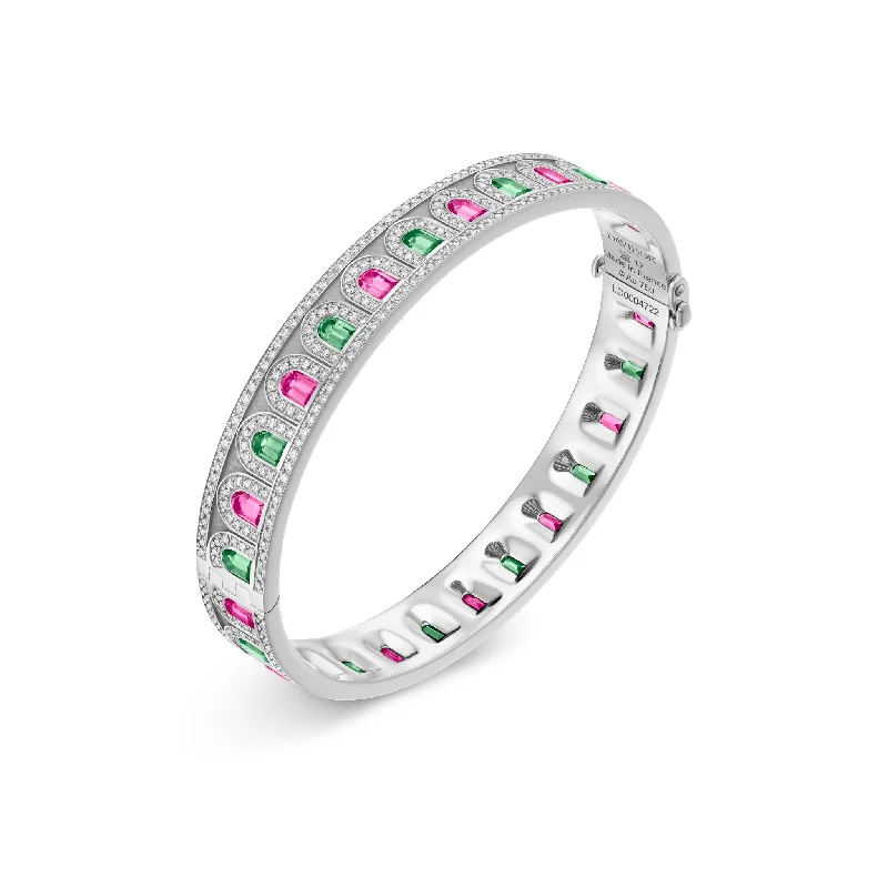 Turquoise stone bangles-L’Arc Deco Platinum Bangle DAVIDOR Arch Cut Pink and Green Tourmalines and Brilliant Diamonds