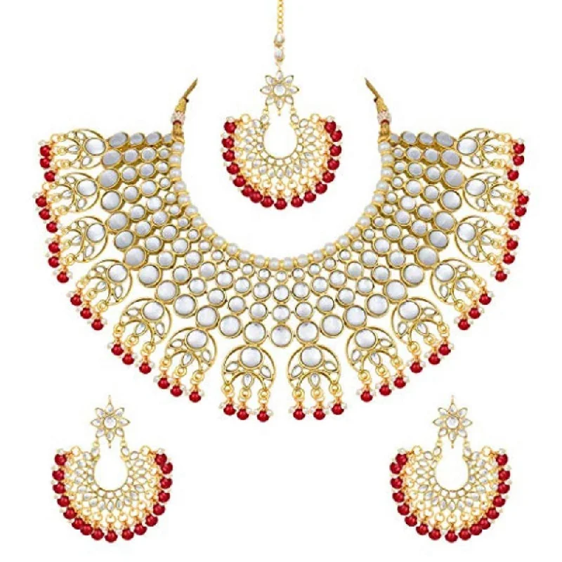 Tiered link necklaces-Etnico 18K Gold Plated Traditional Handcrafted Faux Kundan & Pearl Studded Bridal Choker Necklace Jewellery Set with Earrings & Maang Tikka (K7077M)