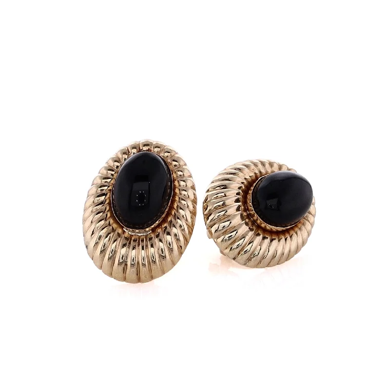 Curved design earrings-Estate 14 Karat Yellow Gold Oval Cabochon Onyx Earrings