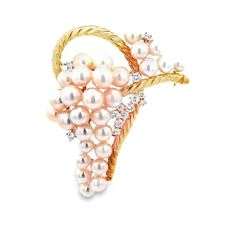 Topaz accent brooch-Akoya Pearl Diamond Yellow Gold Ribbon Brooch